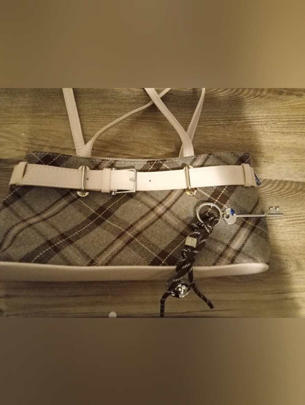 Plaid Pink & Beige & Brown Large Capacity Underarm Bag with Key Charm